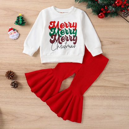 Christmas Hoodie + Red Bell-Bottom Pants Set